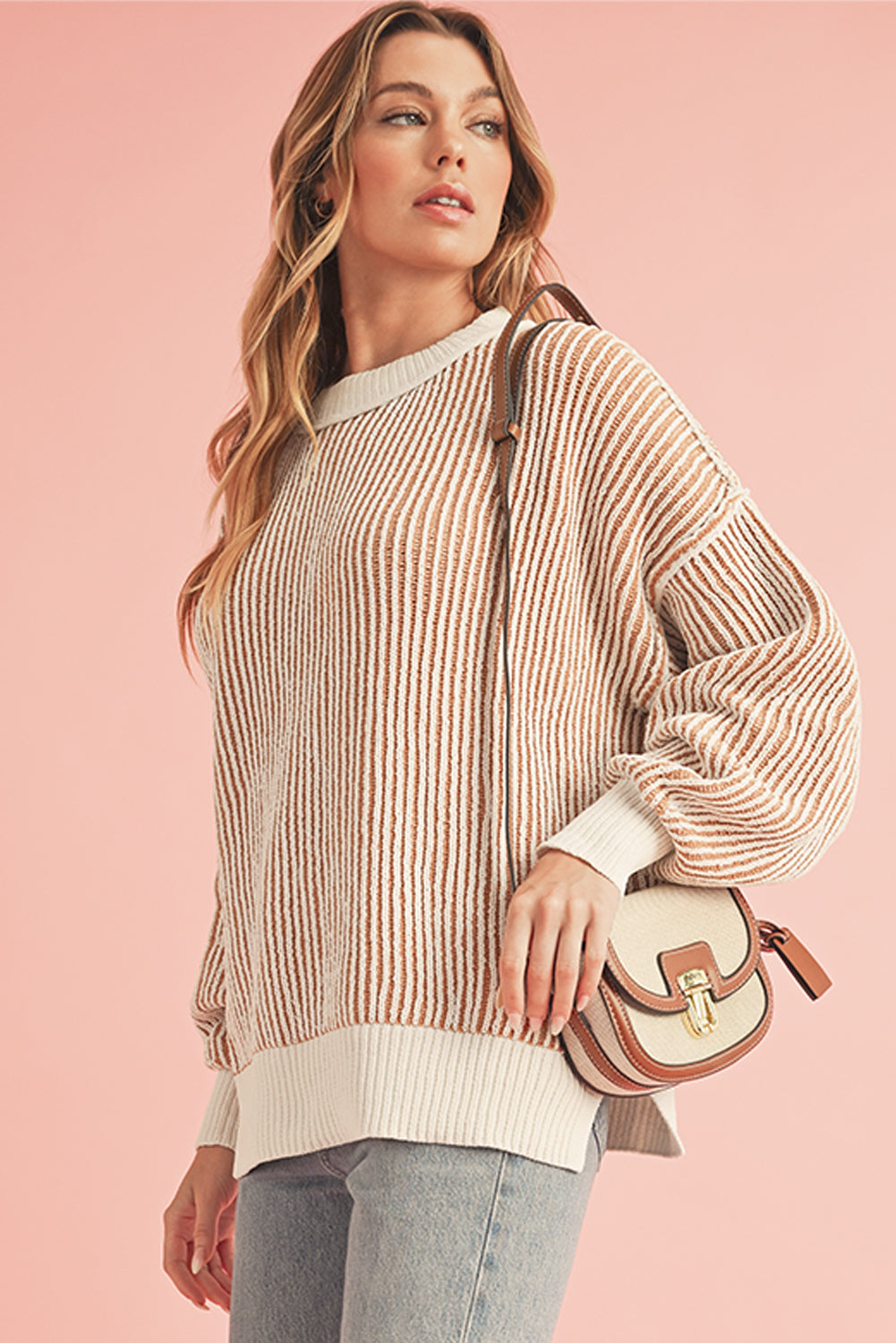 Chestnut Striped Contrast Trim Loose Sweater