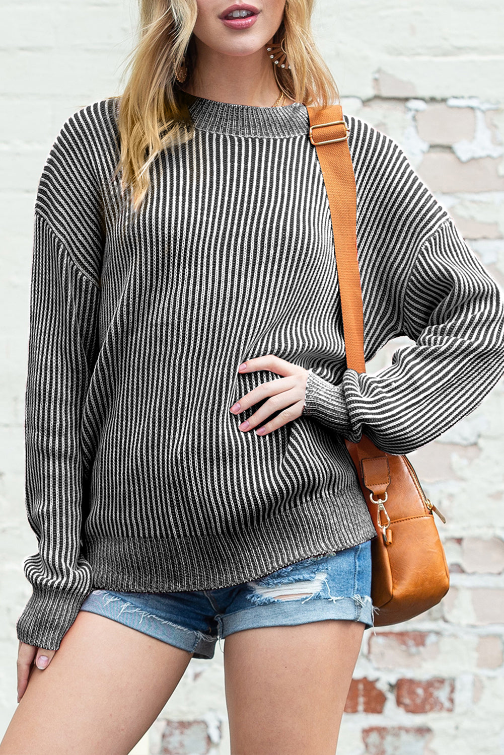 Black Stripe Ribbed Drop Shoulder Sweater