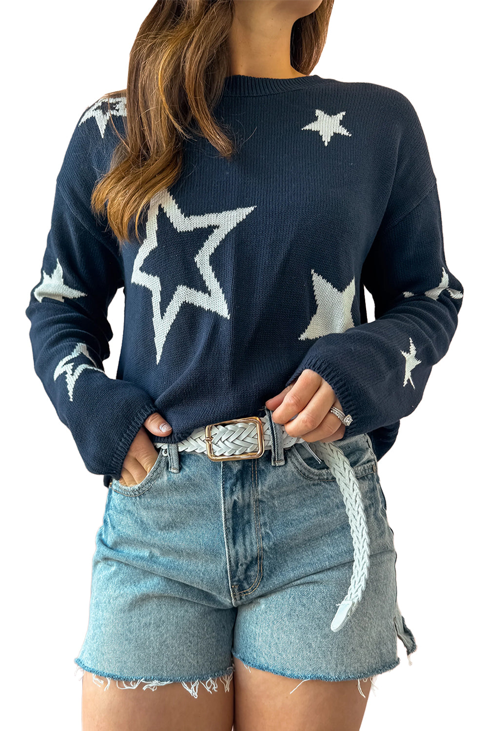 Sail Blue Star Print Drop Sleeve Cable Knit Sweater