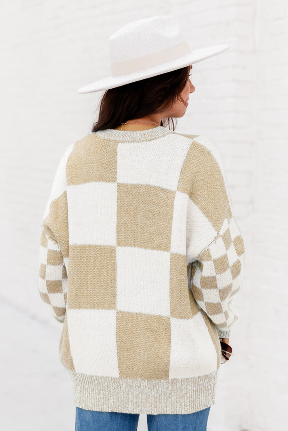 Flaxen Plaid Knitted Drop Shoulder Sweater