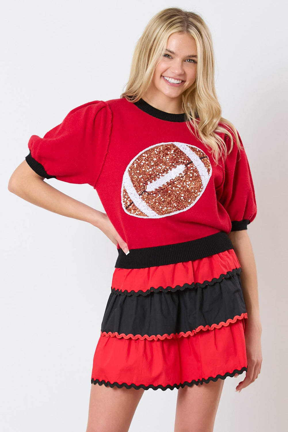 Red Sequin Rugby Color Block Puff Sleeve Knit Top