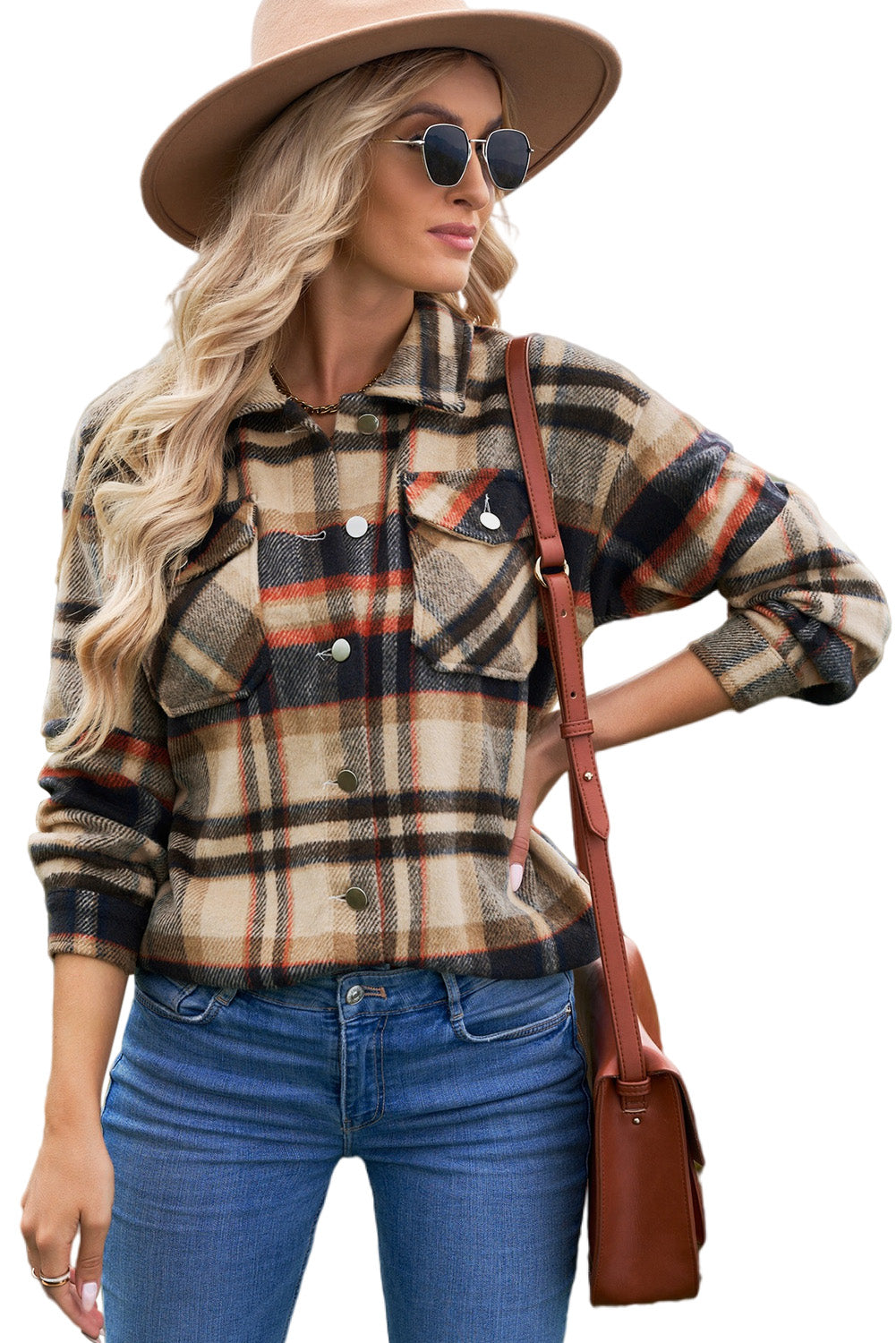 Brown Plaid Button Up Long Sleeve Flannel Shacket