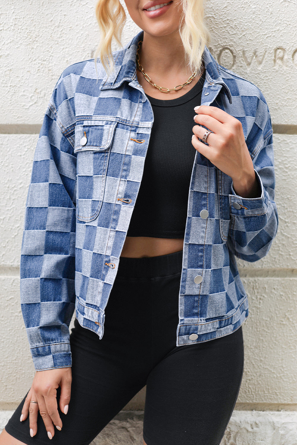 Black Checkered Patchwork Button Up Denim Jacket