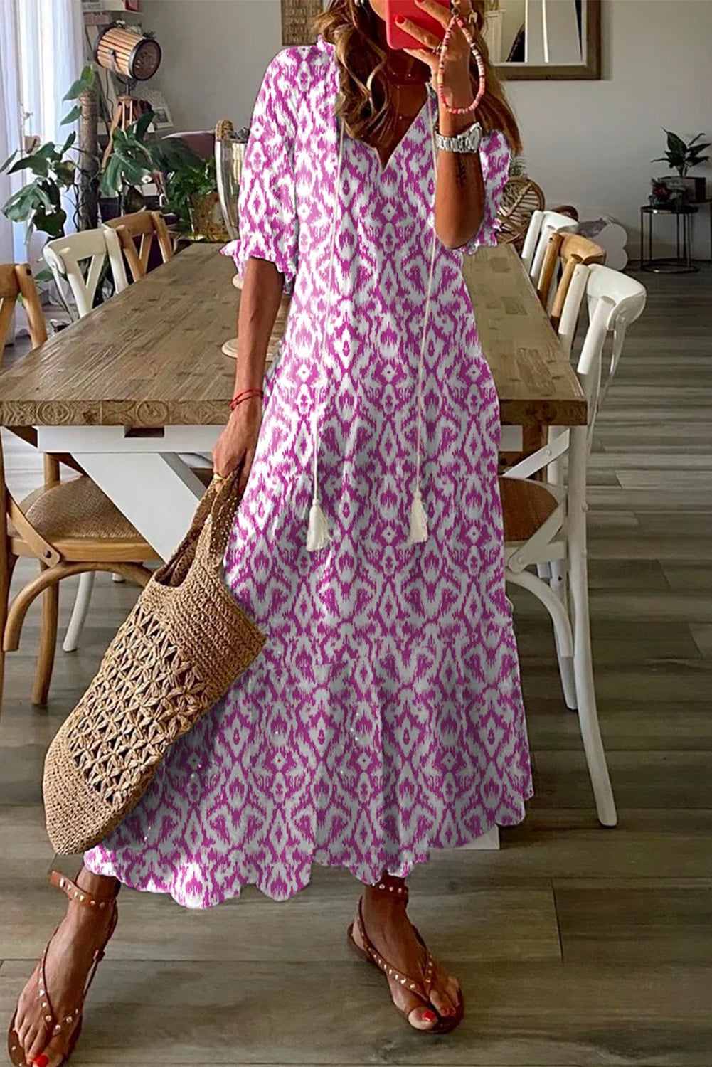 Pink Geometric Print Casual V Neck Maxi Dress