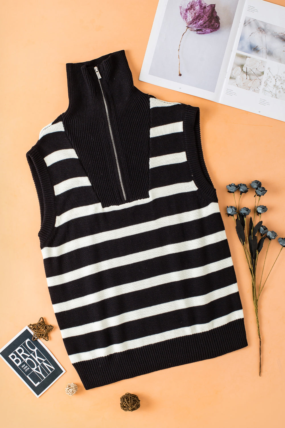 Black Stripe Sleeveless Zipped Collar Knit Top