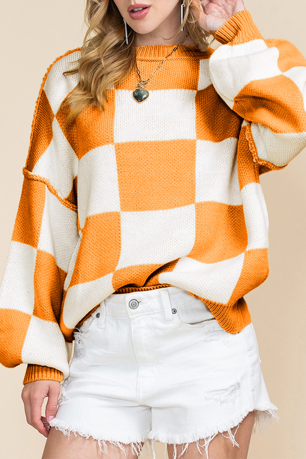 Orange & White Plaid Exposed Seam Bishop Sleeve Sweater