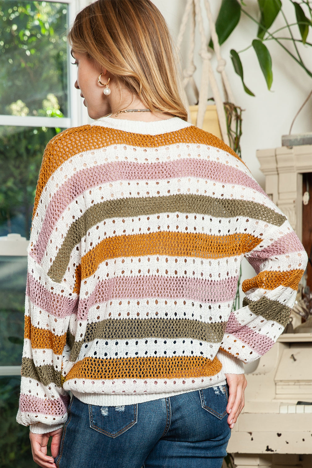 Multicolor Striped Hollowed Knitted Loose Sweater