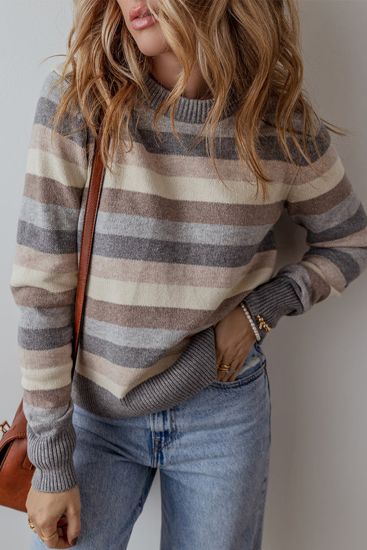 Gray Striped Ribbed Edge Round Neck