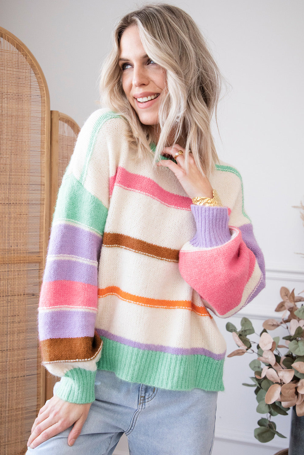 Multicolor Striped Print Drop Shoulder Pullover Crew Neck Sweater