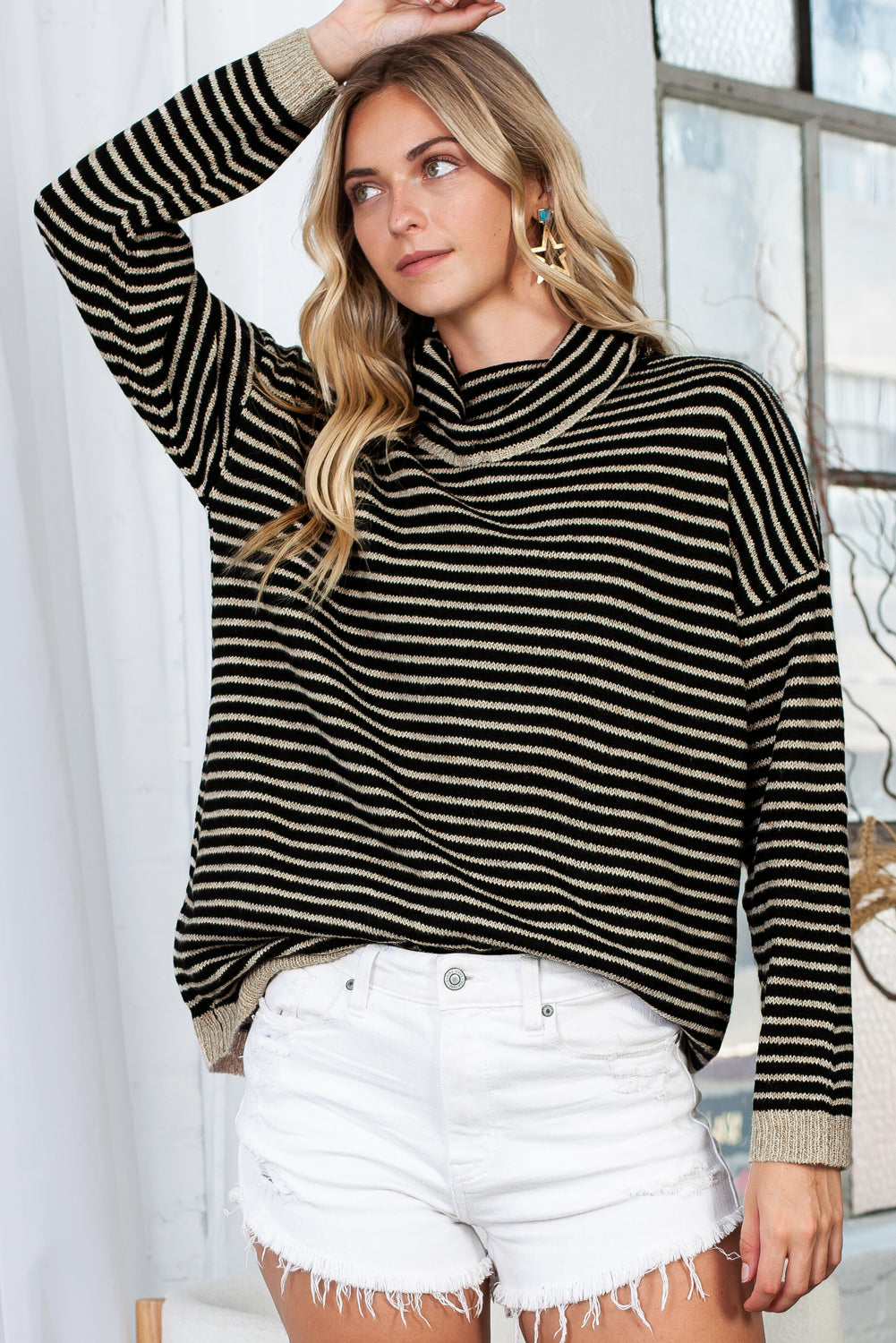 Black Striped Turtleneck Long Sleeve Sweater